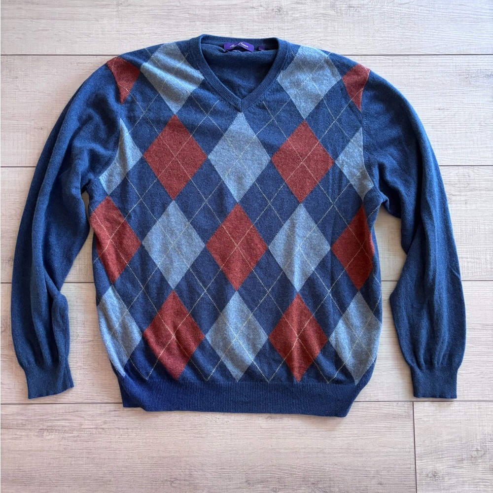 Alan Flusser 100% Cashmere Navy Argyle Sweater with Rust and Light Blue XXL